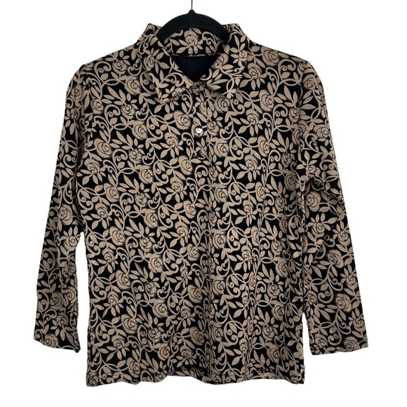 Black Beige Floral Print Blouse With Collar Approx Small - Picture 1 of 8